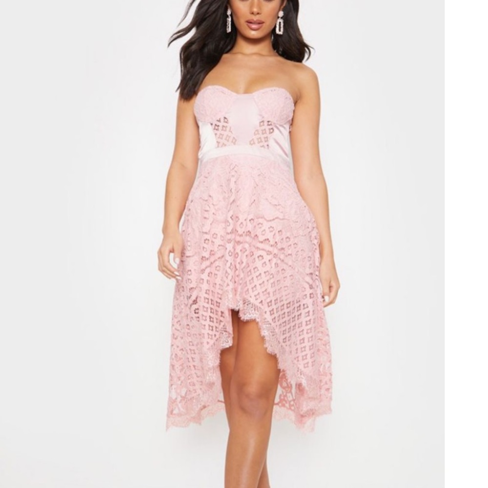 PLT Rose Lace Bandeau Dipped Hem Midi Dress